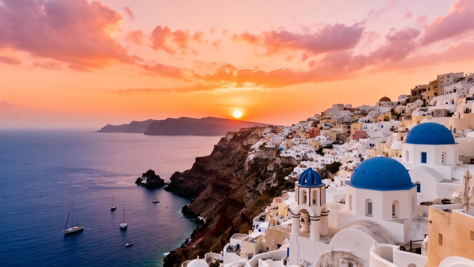 Coastal village at golden hour with blue domes above the sea