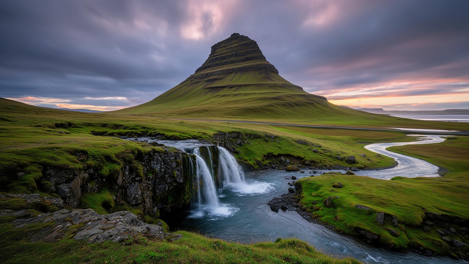 Icelandic waterfall and mountain landscape